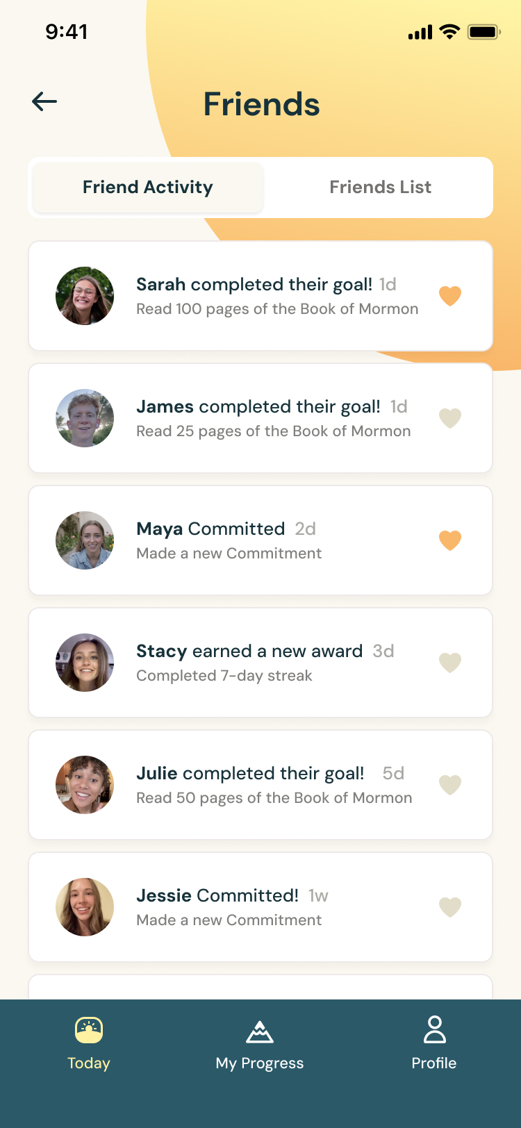 Friends activity feed showing completed goals and social interactions within the app