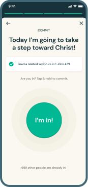 Goal commitment screen with message about taking a step toward Christ and confirmation button