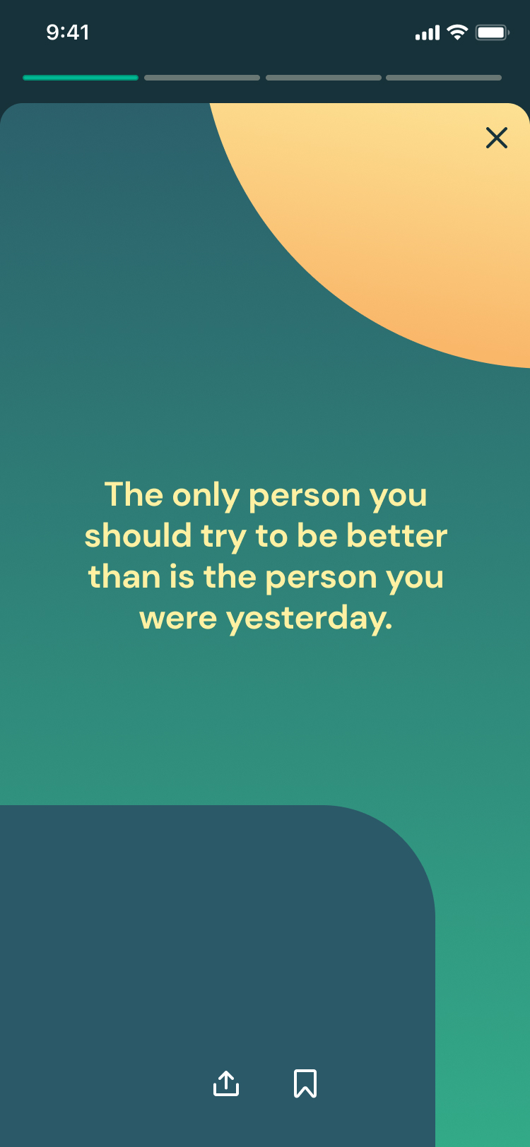 Mobile app onboarding screen with motivational quote about self-improvement and colorful geometric background