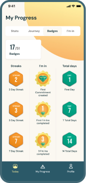 My Progress screen showing daily habit tracking with completion badges and statistics
