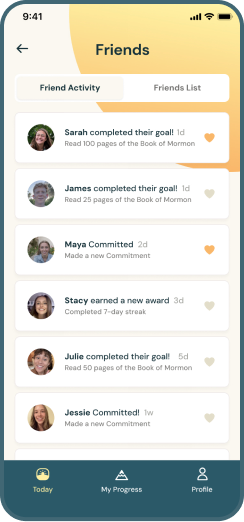 Friends activity feed showing completed goals and social interactions within the app