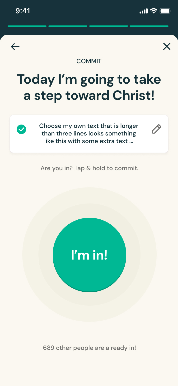 Goal commitment screen with message about taking a step toward Christ and confirmation button