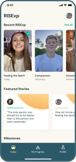RiSExp app home screen displaying user profiles, featured stories, and milestone tracking