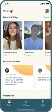 RiSExp app home screen displaying user profiles, featured stories, and milestone tracking
