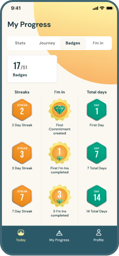 My Progress screen showing daily habit tracking with completion badges and statistics
