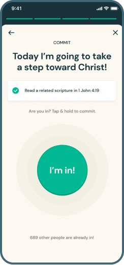Goal commitment screen with message about taking a step toward Christ and confirmation button