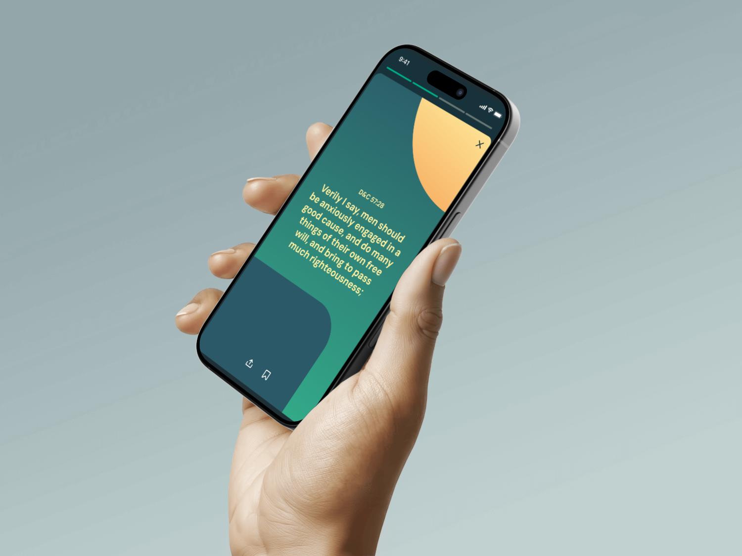 Hand holding smartphone displaying a mobile app onboarding screen with colorful geometric design and explanatory text