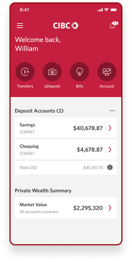 CIBC mobile banking app interface showing William's account dashboard with deposit accounts section displaying savings and chequing account balances, and Private Wealth Summary showing total market value