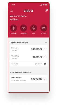 CIBC mobile banking app interface showing William's account dashboard with deposit accounts section displaying savings and chequing account balances, and Private Wealth Summary showing total market value