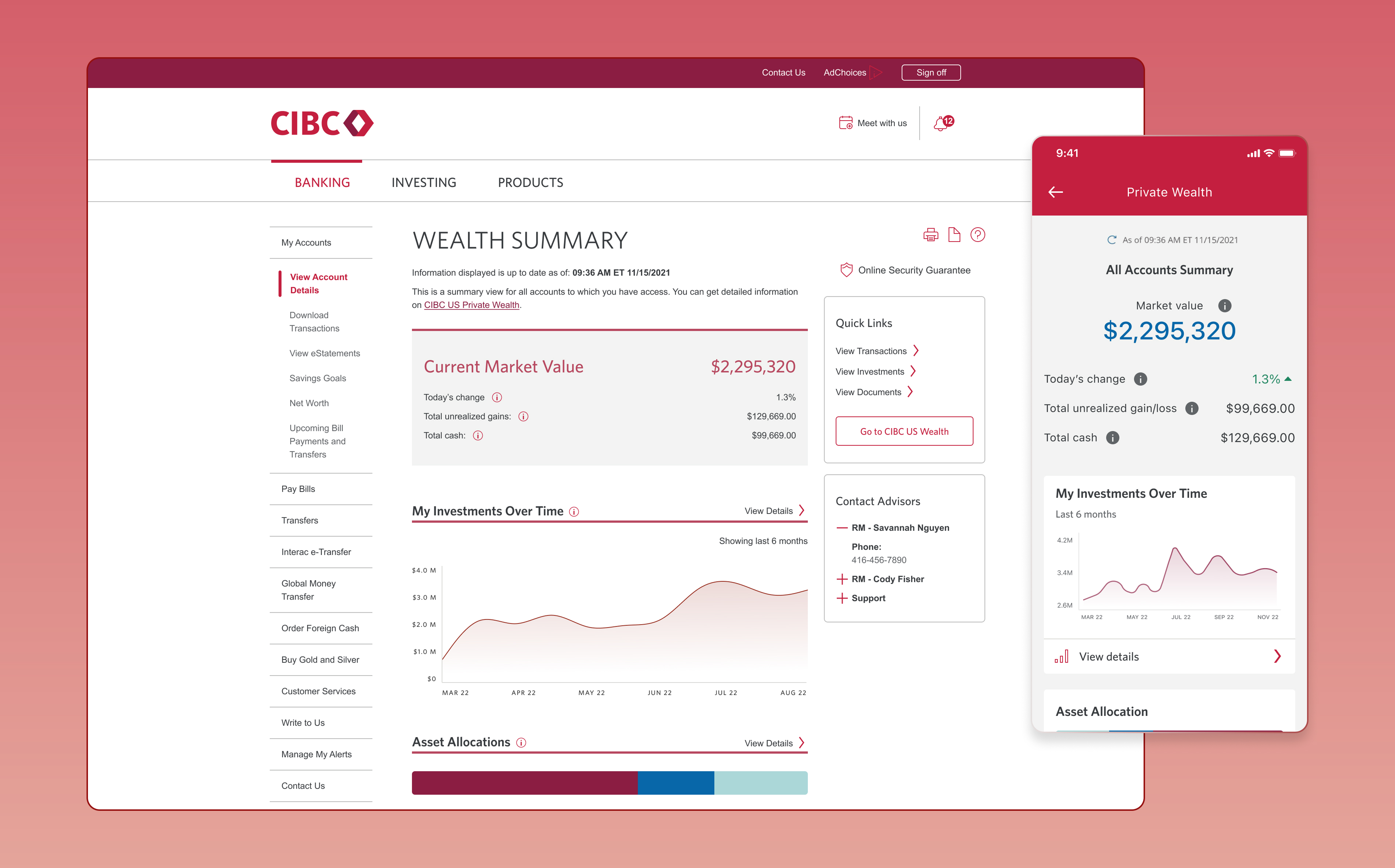 CIBC desktop and mobile wealth management interfaces showing investment portfolio dashboards with performance charts and account summaries