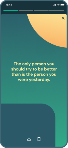 Mobile app onboarding screen with motivational quote about self-improvement and colorful geometric background